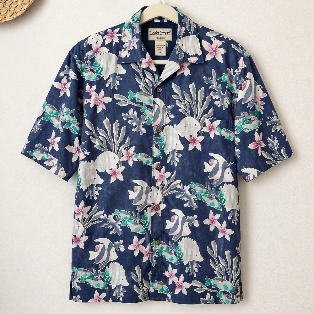 Vintage Cooke Street L blue fish coral hawaiian mens camp shirt